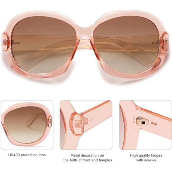 Transparent Pink Polarized Sunglasses, Oversized Frames, UV Protection - Picture 3 of 6
